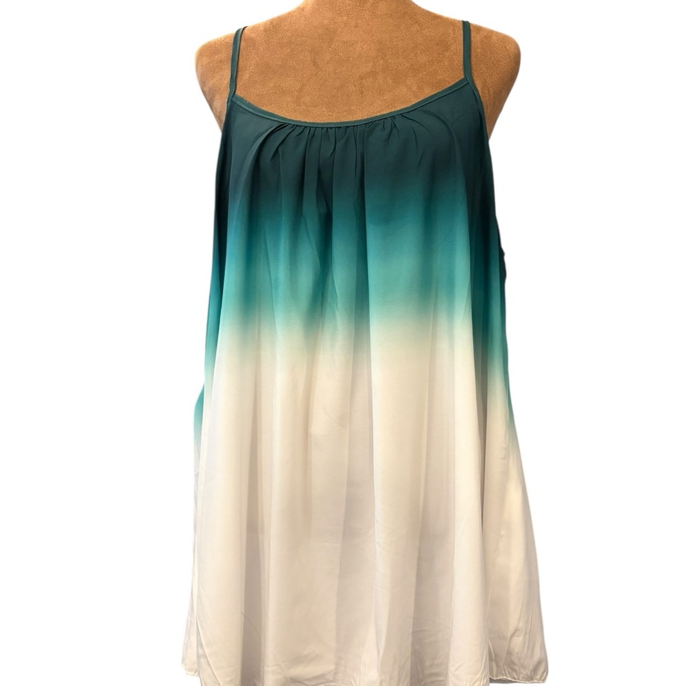 Hombre Green White Tank Top 3X Blouse Spaghetti Strap Pleated Summer Colorful - Picture 2 of 11